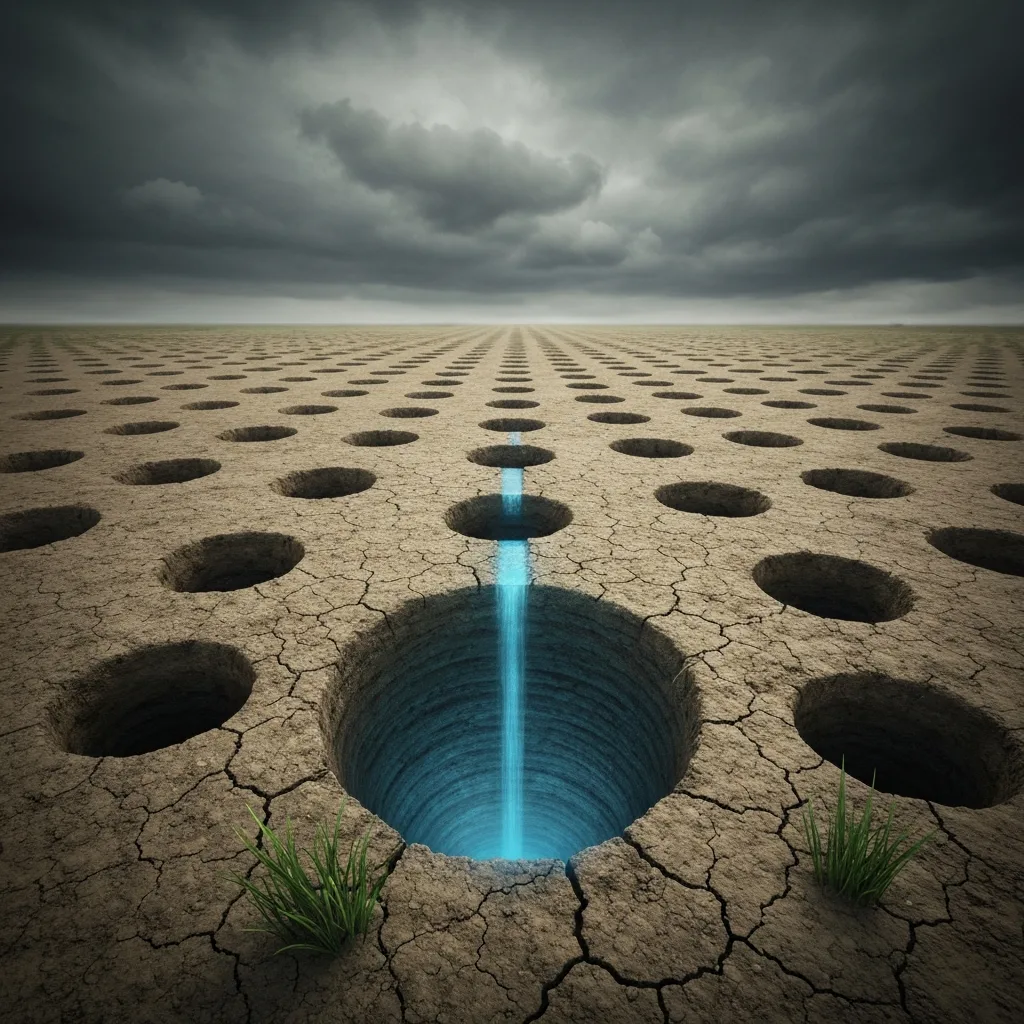 A visual metaphor of digging a well: one deep, perfectly cylindrical hole reaching down to glowing blue water, contrasted with dozens of shallow, dry, unfinished holes scattered across a barren dirt landscape, atmospheric and moody.