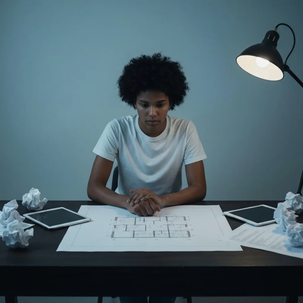 A minimalist workspace featuring a person sitting at a wooden desk, staring intently at a single, unchanging physical blueprint while surrounded by crumpled up papers and discarded digital tablets, cinematic lighting, conceptual photography.