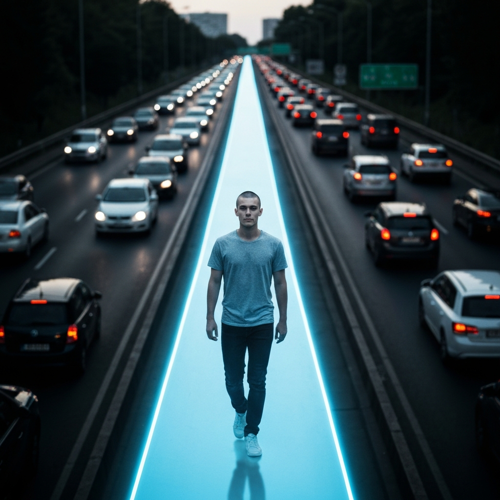 A minimalist, highly stylized image of a serene individual walking confidently down a glowing, distinct blue path that radically diverges from a chaotic, heavily congested highway filled with blurred figures, symbolizing temporal independence and choosing one's own trajectory.