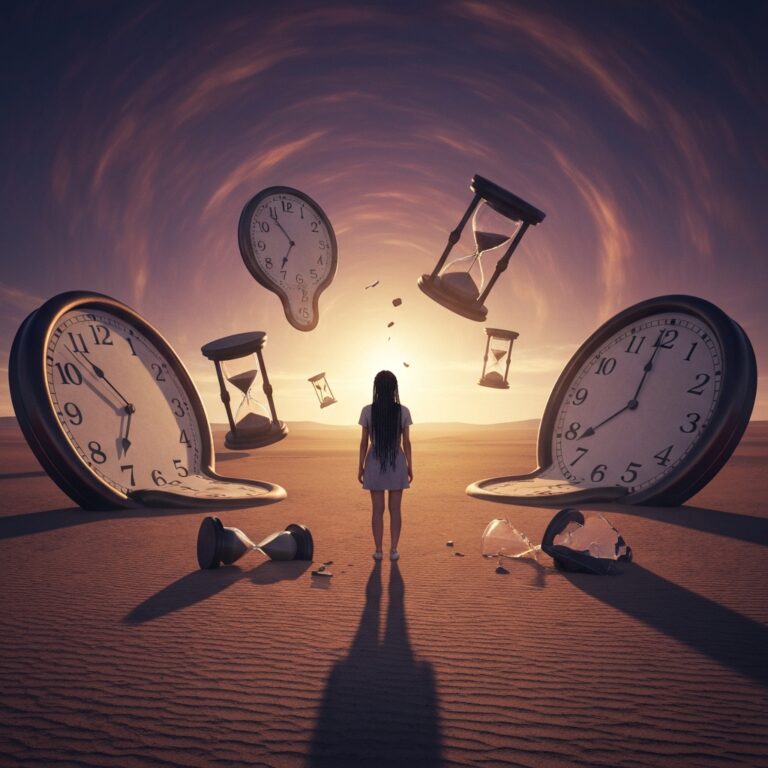 A surreal, cinematic landscape where giant, melting clocks and shattered hourglasses are scattered across a barren desert, with a solitary figure standing overwhelmed in the center, representing the overwhelming pressure of the Chronology Trap. Dark, moody lighting with high contrast.