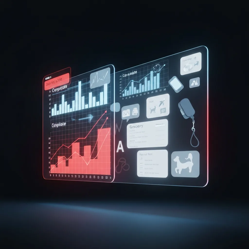 A conceptual, high-quality 3D render illustrating 'context collapse' in a digital interface. A glowing, semi-transparent holographic screen floats in a dark room. The screen displays a chaotic, overwhelming mix of stressful corporate data graphs aggressively overlapping with mundane personal items like a grocery list and a dog leash. The visual tone is tense, with a subtle red and blue color clash indicating cognitive overload.