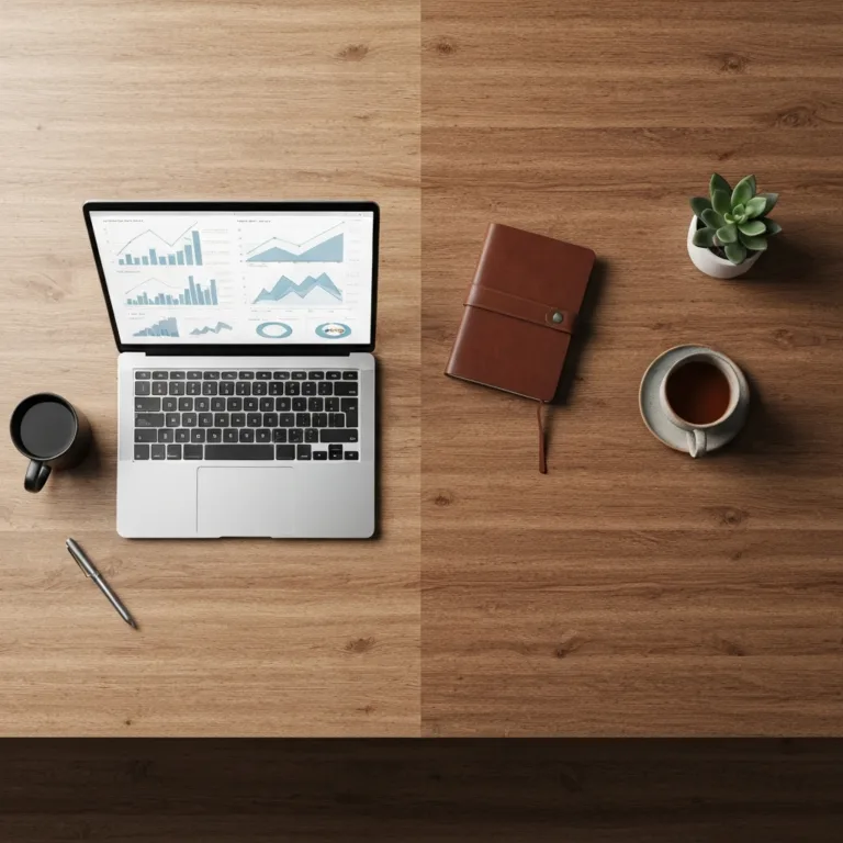 A hyper-realistic top-down view of a modern wooden desk split perfectly down the middle. On the left side, a stark, minimalist corporate setup with a metallic laptop showing complex charts, a black coffee mug, and a steel pen. On the right side, a warm, inviting personal space with a leather-bound journal, a ceramic tea cup, and a small potted succulent. The lighting sharply contrasts the two sides, emphasizing a strict boundary between work and personal life.