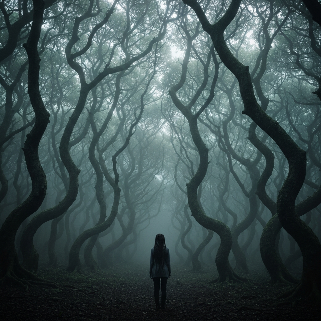 A dense, mist-filled ancient forest with twisted, gnarled trees. A lone, small figure stands at the edge of the tree line, conveying a deep sense of isolation and psychological tension. Dark, atmospheric, evocative.