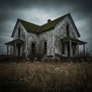 A hauntingly beautiful but decaying rural farmhouse surrounded by overgrown, dry weeds under a dramatic, dark overcast sky. Cinematic lighting, moody atmosphere, highly detailed realism.