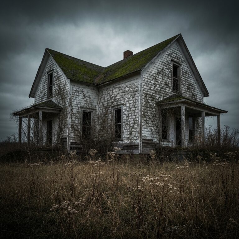 A hauntingly beautiful but decaying rural farmhouse surrounded by overgrown, dry weeds under a dramatic, dark overcast sky. Cinematic lighting, moody atmosphere, highly detailed realism.
