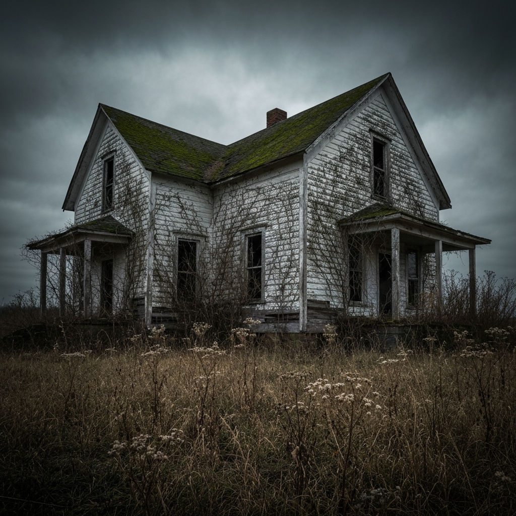A hauntingly beautiful but decaying rural farmhouse surrounded by overgrown, dry weeds under a dramatic, dark overcast sky. Cinematic lighting, moody atmosphere, highly detailed realism.