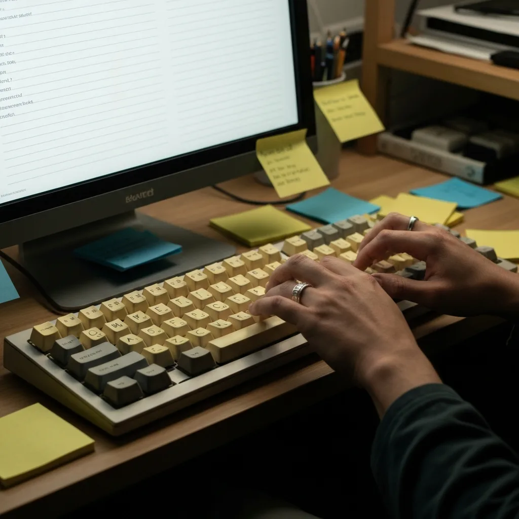 A close-up of a person's hands typing furiously on a vintage mechanical keyboard, a messy but highly functional desk environment with scattered sticky notes and an open plain-text document on a matte monitor. Moody, focused atmosphere.