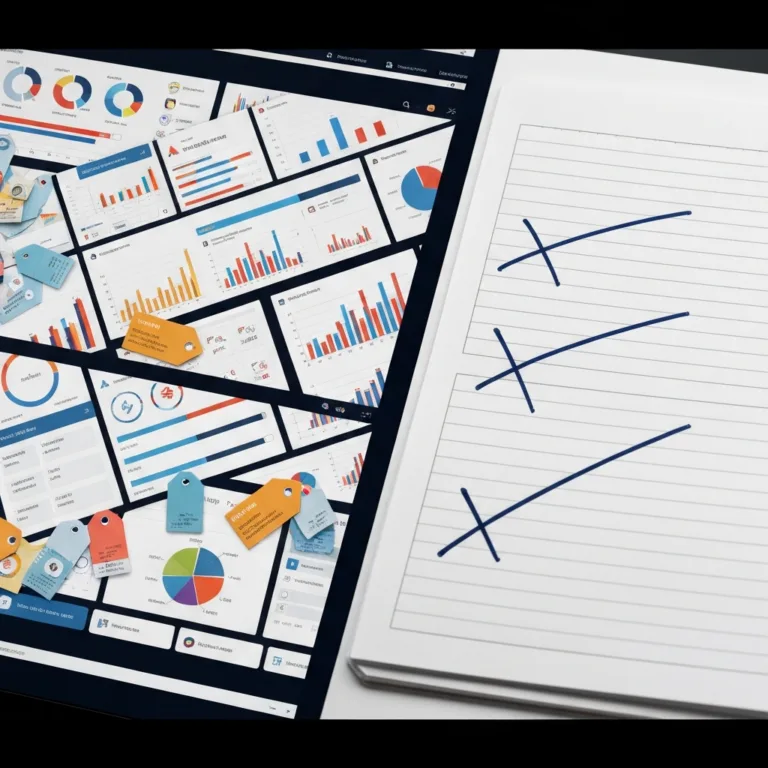 A split-screen view. On the left, a highly complex, colorful digital dashboard with charts, tags, and progress bars that looks overwhelming. On the right, a simple, minimalist plain-text notepad with three items crossed out. Cinematic lighting, photorealistic.