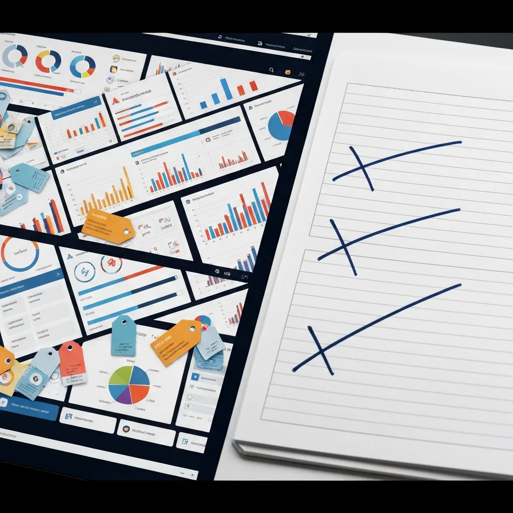 A split-screen view. On the left, a highly complex, colorful digital dashboard with charts, tags, and progress bars that looks overwhelming. On the right, a simple, minimalist plain-text notepad with three items crossed out. Cinematic lighting, photorealistic.