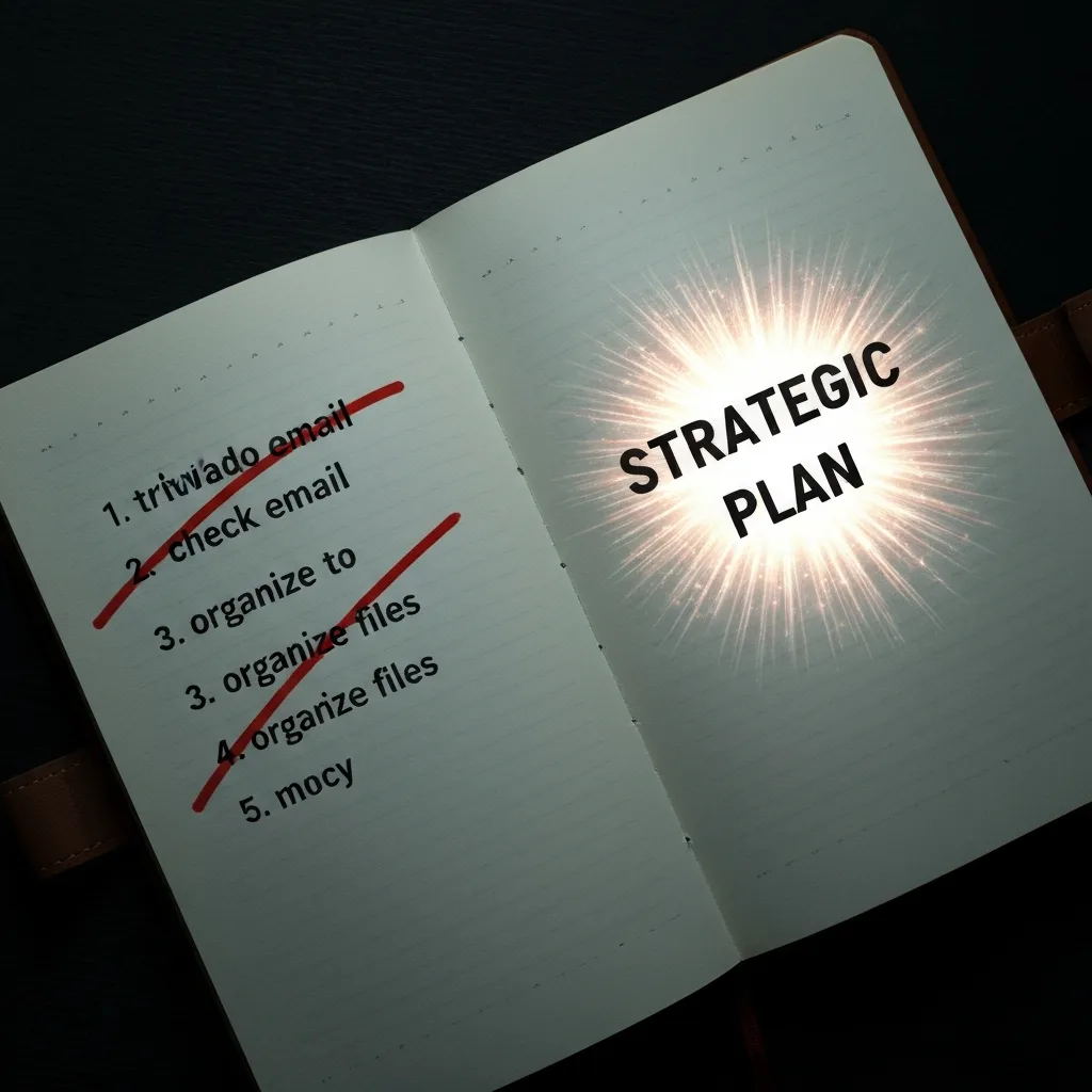 A top-down, macro photography shot of a premium leather-bound notebook. On the left side of the page, a list of trivial tasks like 'check email' and 'organize files' are crossed out with heavy red ink. On the right side, a single phrase 'Strategic Plan' is written in bold, surrounded by glowing, ethereal light, but remains completely unchecked. Moody, dramatic lighting.