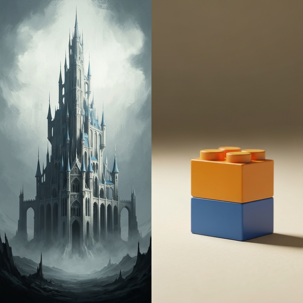 A split-screen visual metaphor for task execution. On the left, a steep, impossibly high, jagged mountain representing the psychological anticipation of a task. On the right, a small, easily manageable, smooth stepping stone representing the actual execution. Minimalist 3D render, soft pastel colors, clean corporate illustration style.