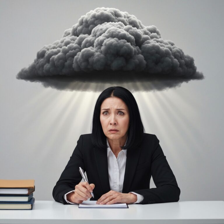 A conceptual visualization of mental load. A professional sitting at a clean, minimalist desk, looking overwhelmed, while a massive, dark, semi-transparent storm cloud hovers directly over their head, symbolizing the looming dread of an unfinished task. Cinematic lighting, photorealistic, high contrast.