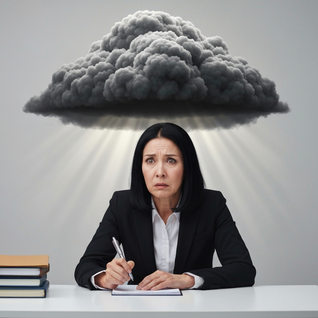 A conceptual visualization of mental load. A professional sitting at a clean, minimalist desk, looking overwhelmed, while a massive, dark, semi-transparent storm cloud hovers directly over their head, symbolizing the looming dread of an unfinished task. Cinematic lighting, photorealistic, high contrast.