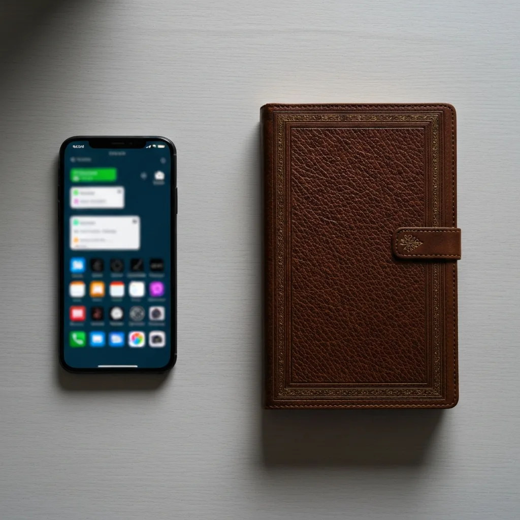 An overhead shot of a clean, modern desk. One side has a blurred, chaotic smartphone screen with endless notification bubbles; the other side features a neatly bound, thick leather journal resting on solid oak, cinematic lighting, 8k resolution.