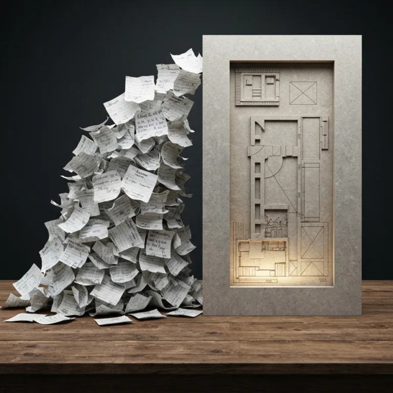 A stark visual contrast showing a massive pile of crumbling, dissolving paper memos on the left, and a solid, glowing architectural blueprint carved into stone on the right, minimalist lighting, highly detailed, conceptual photography.