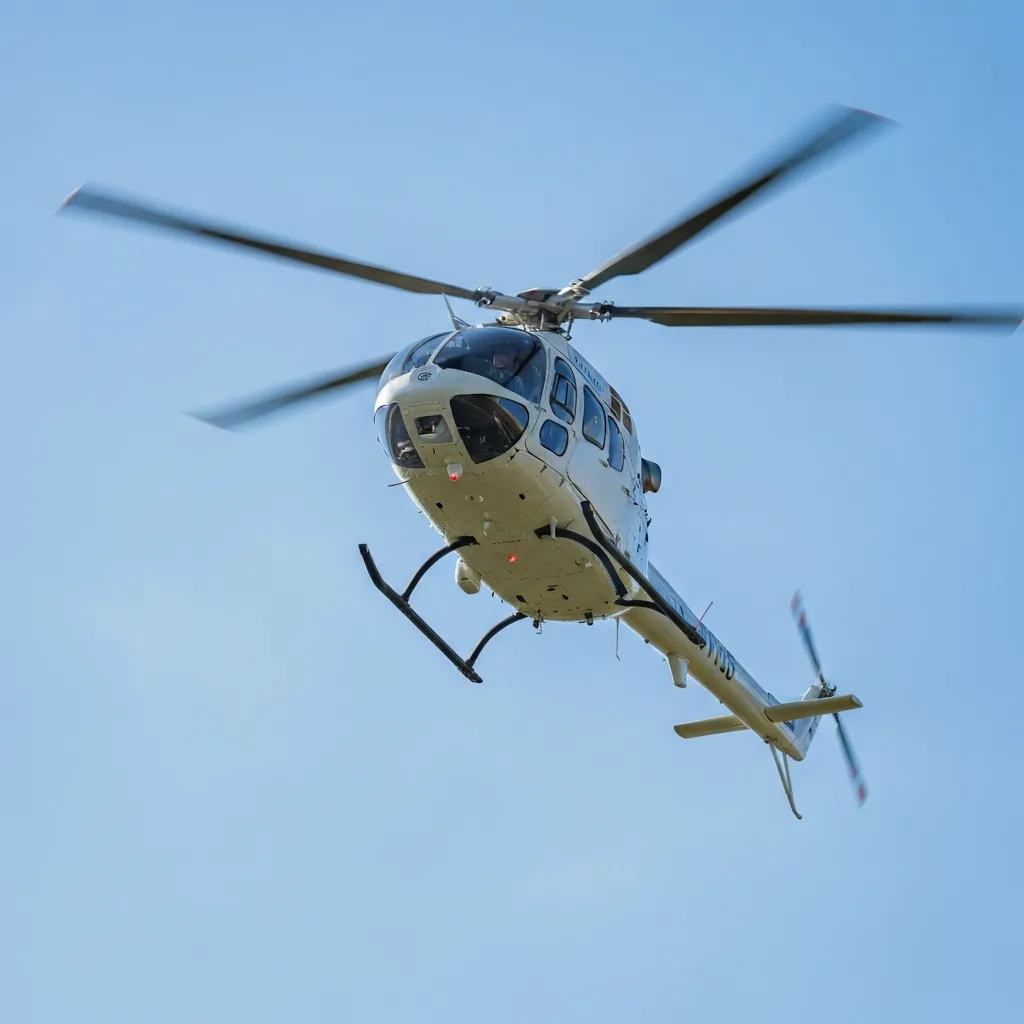 A detailed macro shot of a helicopter hovering mid-air against a clear blue sky, the rotor blades a blur of motion, symbolizing dynamic equilibrium and the intense hidden energy required for maintenance.