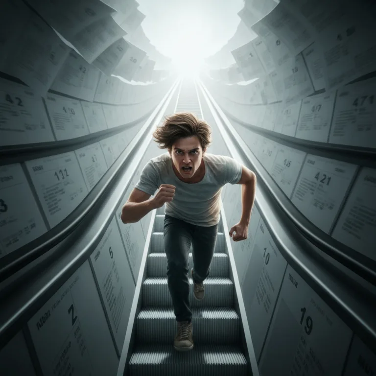 A hyper-realistic conceptual image of a person running on an endless, steepening escalator made of calendar pages. Cinematic lighting, dramatic shadows, conveying the exhaustion of the relentless pursuit of more.