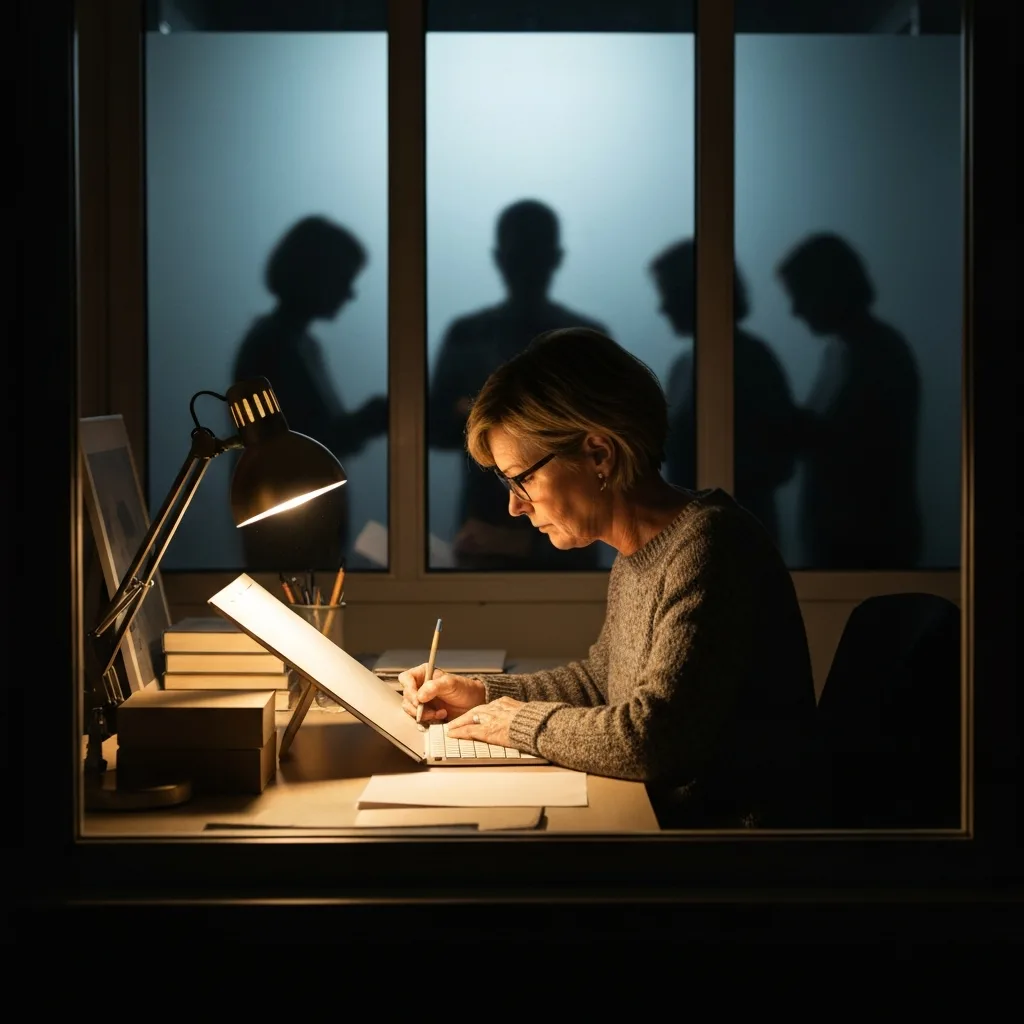 A lone creator working passionately at a desk illuminated by a warm desk lamp, while outside a frosted glass window, shadowy figures look in, emphasizing isolation and focus, moody atmosphere.