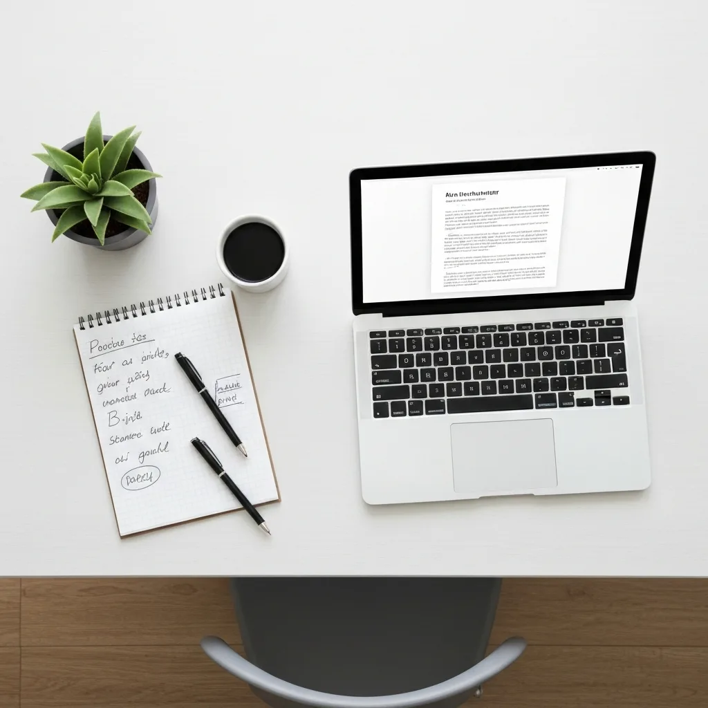 A top-down view of a modern desk featuring a blank notepad with aggressively scribbled, disjointed notes, next to a sleek laptop displaying a perfectly formatted document, natural lighting, high contrast.