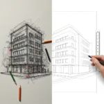 A split-screen visual concept showing a messy, chaotic sketch of a building on the left, transitioning into a sharp, highly detailed architectural blueprint on the right, minimalist style, neutral color palette.