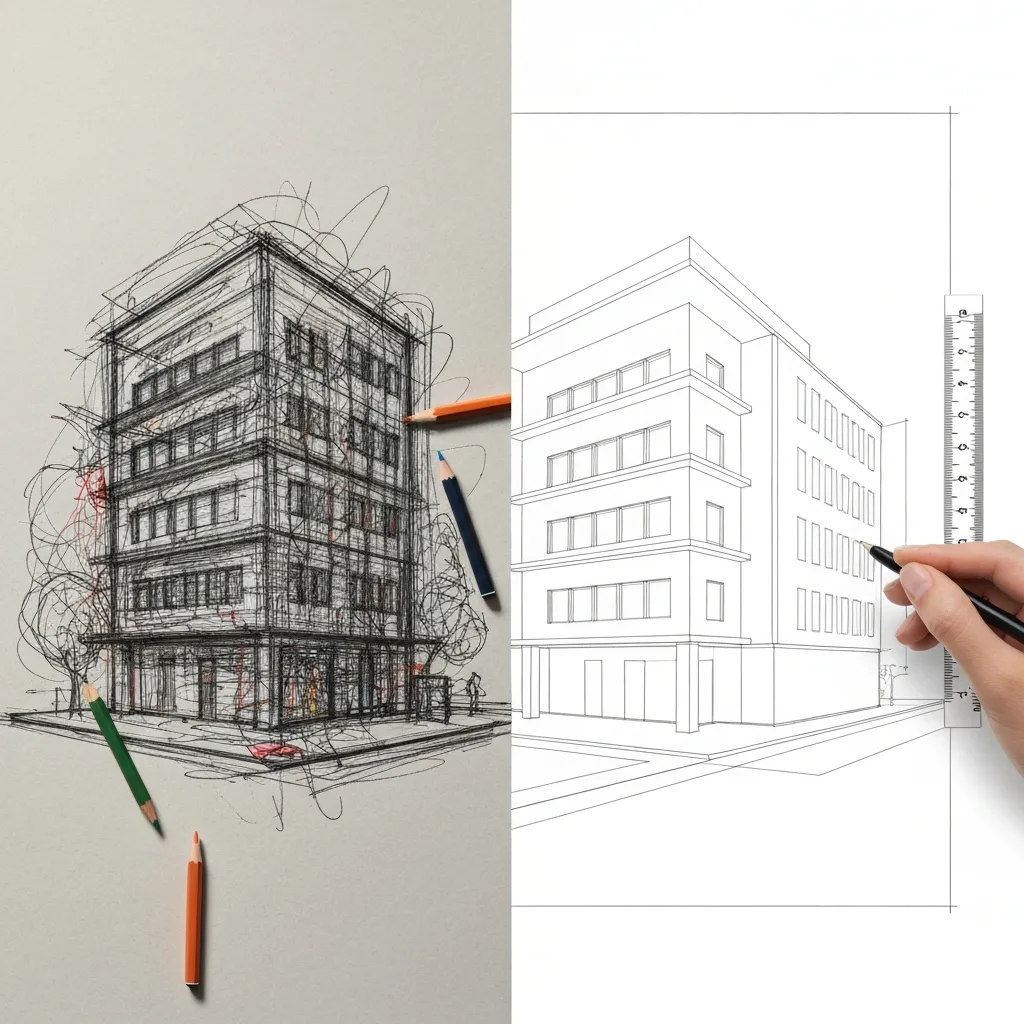 A split-screen visual concept showing a messy, chaotic sketch of a building on the left, transitioning into a sharp, highly detailed architectural blueprint on the right, minimalist style, neutral color palette.