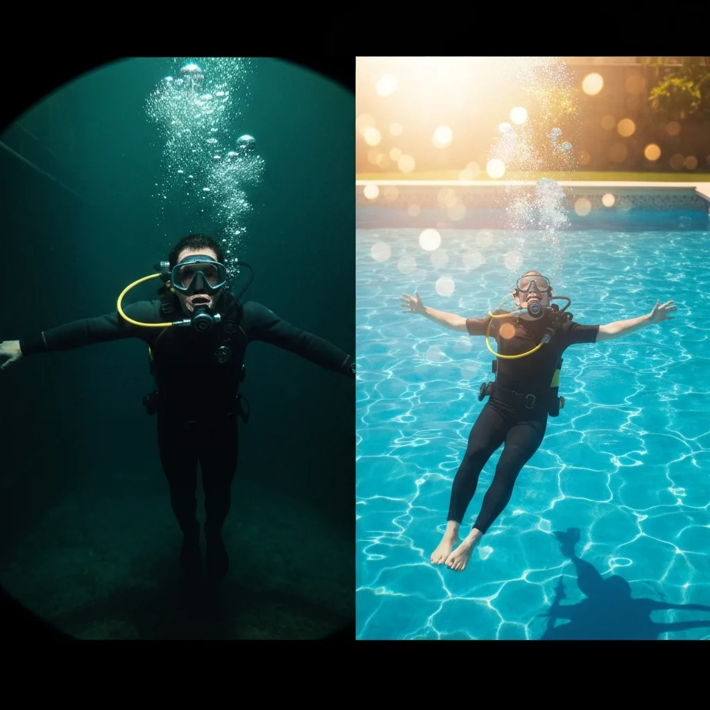A split-screen visual metaphor: on the left side, a person is frozen in a dark, highly pressurized, murky underwater environment; on the right side, the same person is floating effortlessly in a bright, sunlit, sparkling blue pool, symbolizing the psychological shift from heavy gravitas to strategic irreverence.