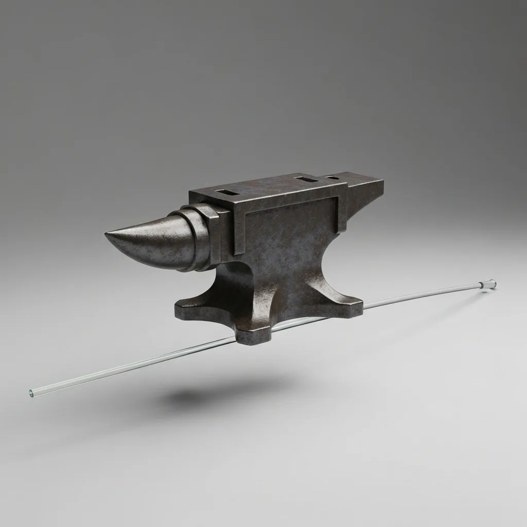A minimalist, conceptual 3D illustration showing a massive, ornate iron anvil resting precariously on a delicate, thin glass tightrope. The background is a stark, neutral grey, emphasizing the crushing weight of taking goals too seriously.