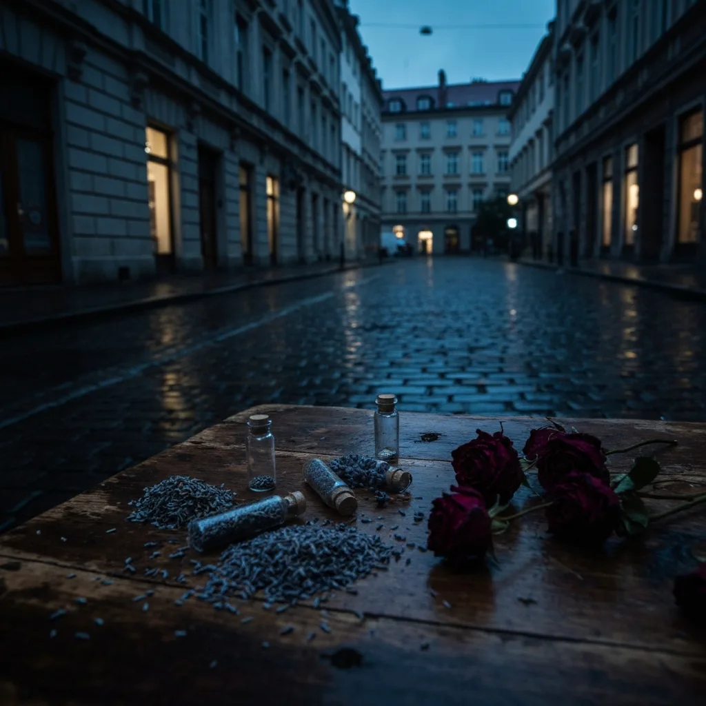 A dark, atmospheric street in 18th-century Paris at twilight. Cobblestones slick with rain and grime. In the foreground, a heavily scarred wooden table covered in delicate glass vials, crushed lavender, and dried dark red roses. Deep shadows, moody lighting, evoking a sense of dangerous obsession and historical mystery.