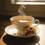 A close-up, highly detailed cinematic shot of an antique porcelain teacup filled with linden tea, a half-eaten madeleine resting on a tarnished silver saucer beside it. Soft, warm afternoon sunlight streaming through a delicate lace curtain, illuminating dust motes in the air, evoking a profound sense of nostalgia, memory, and lost time.