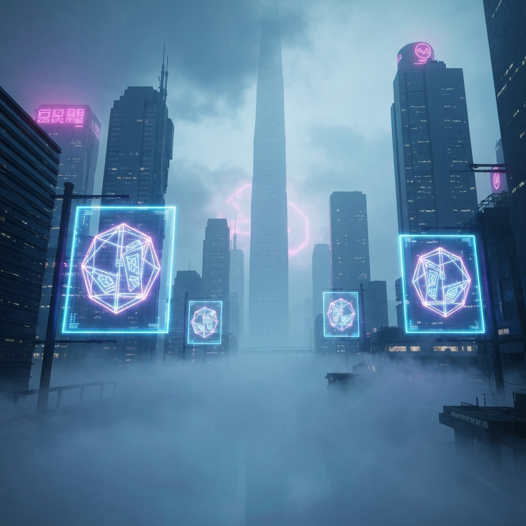 A surreal, futuristic cityscape where holographic signs display an alien, geometric language. The atmosphere is moody and atmospheric, reminiscent of cyberpunk aesthetics but with a focus on the linguistic symbols hovering in the mist.
