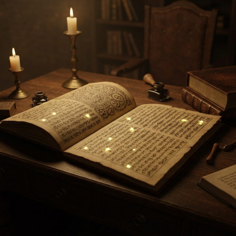 A close-up of an ancient, weathered manuscript filled with intricate, fictional runic script and glowing annotations, resting on a heavy oak desk in a dimly lit, dusty library. Cinematic lighting, high detail, photorealistic.