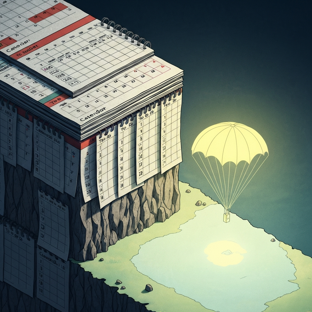 A visual metaphor of a steep cliff edge made of stacked calendars and to-do lists, with a soft, glowing parachute gently descending into a calm, organized valley below. Isometric 3D render, clean lines, professional color palette.
