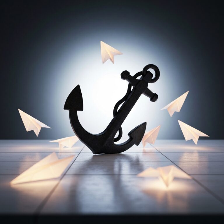 A stark, minimalist workspace featuring a heavy, dark iron anchor resting on a pristine wooden desk, surrounded by scattered, glowing paper planes. Cinematic lighting, highly detailed, conceptual photography representing the weight of completed projects.