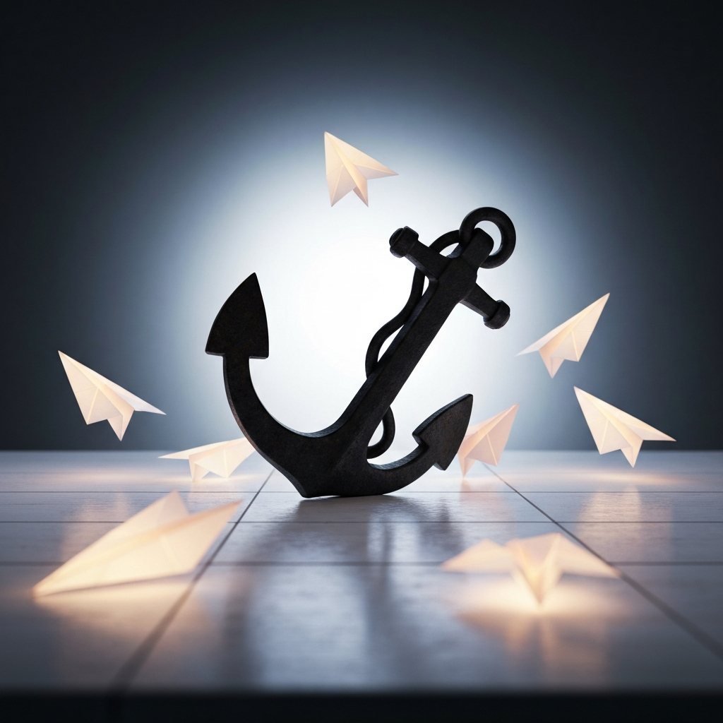 A stark, minimalist workspace featuring a heavy, dark iron anchor resting on a pristine wooden desk, surrounded by scattered, glowing paper planes. Cinematic lighting, highly detailed, conceptual photography representing the weight of completed projects.