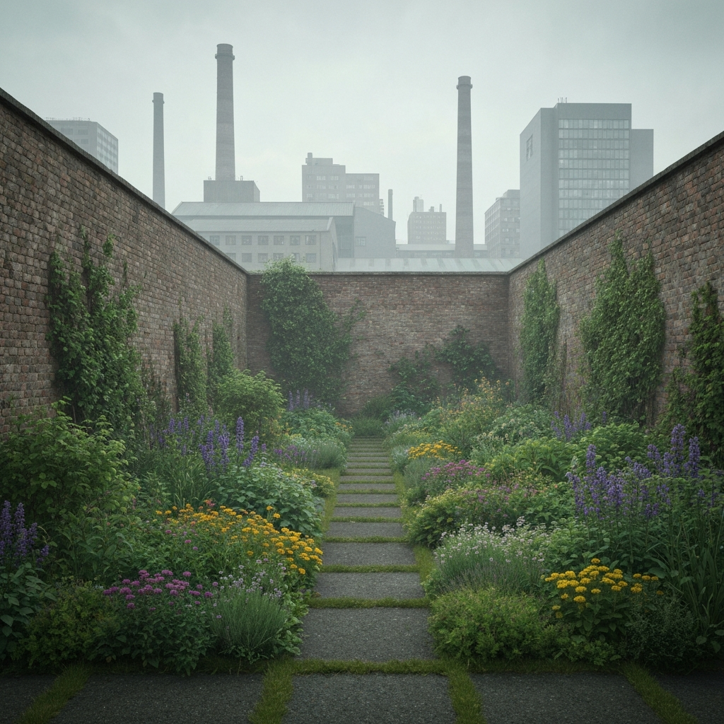 A beautiful, lush walled garden in the middle of a stark, grey, industrial city. The garden is filled with vibrant, wild flora, representing a '<a href=