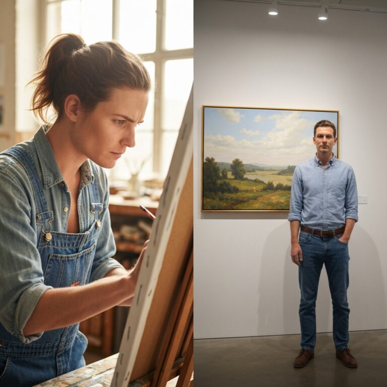 A split-screen conceptual image. On the left, a person painting on a canvas in a sunlit, messy room with a look of pure joy. On the right, the same person painting the exact same picture, but the room is dark, illuminated by a glowing stock market ticker and social media metrics, looking stressed and exhausted. Cinematic lighting, photorealistic.