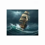 A dramatic, highly detailed oil painting style illustration of an 19th-century wooden whaling ship battling massive, dark, tempestuous ocean waves under a brooding, stormy sky, capturing a sense of sublime terror and isolation.