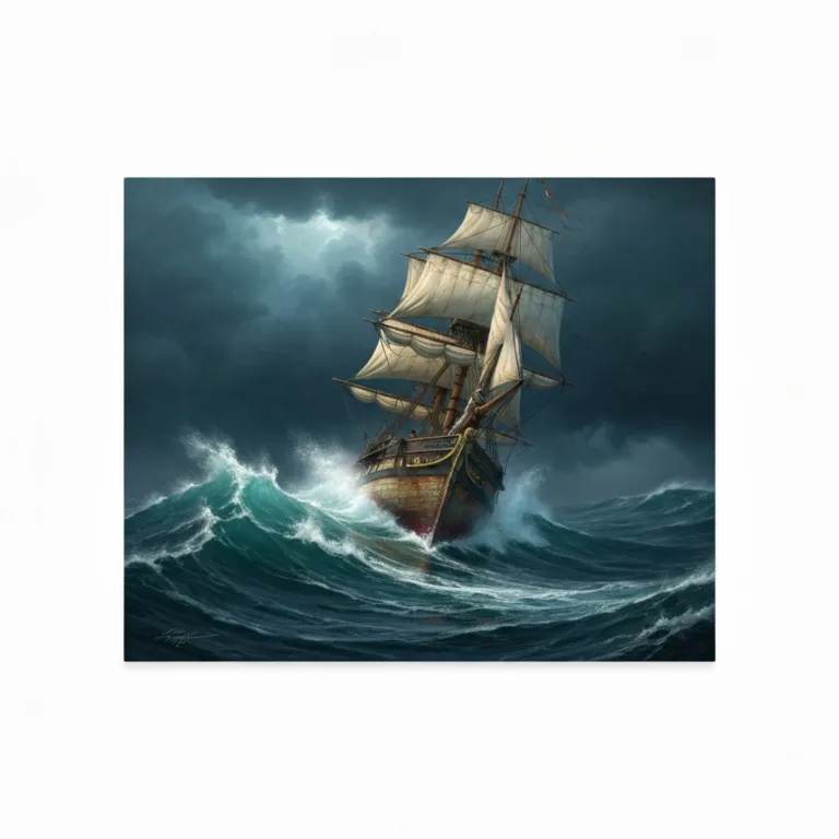 A dramatic, highly detailed oil painting style illustration of an 19th-century wooden whaling ship battling massive, dark, tempestuous ocean waves under a brooding, stormy sky, capturing a sense of sublime terror and isolation.