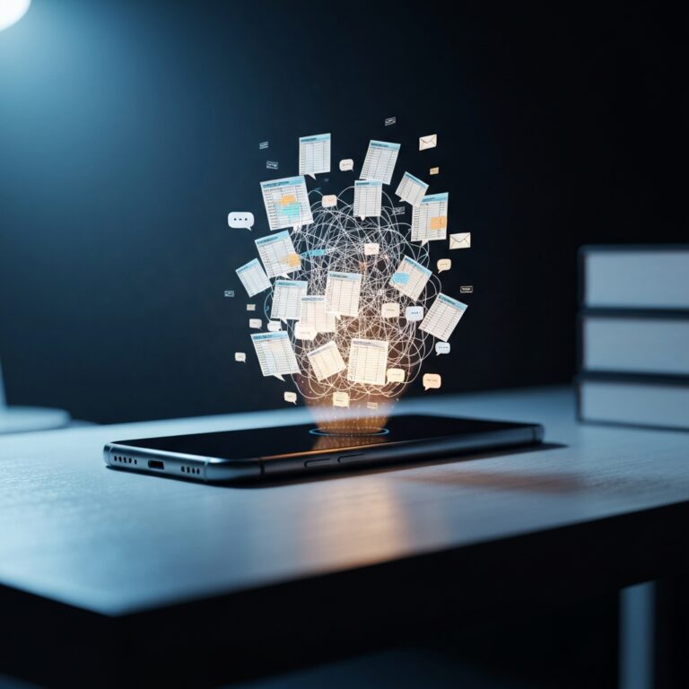 A hyper-realistic, cinematic shot of a sleek smartphone resting on a wooden desk, projecting a chaotic, glowing hologram of spreadsheets, emails, and chat bubbles that are slowly morphing into a tangled web, symbolizing digital overwhelm. Dark, moody lighting with a cool blue and warm amber contrast.