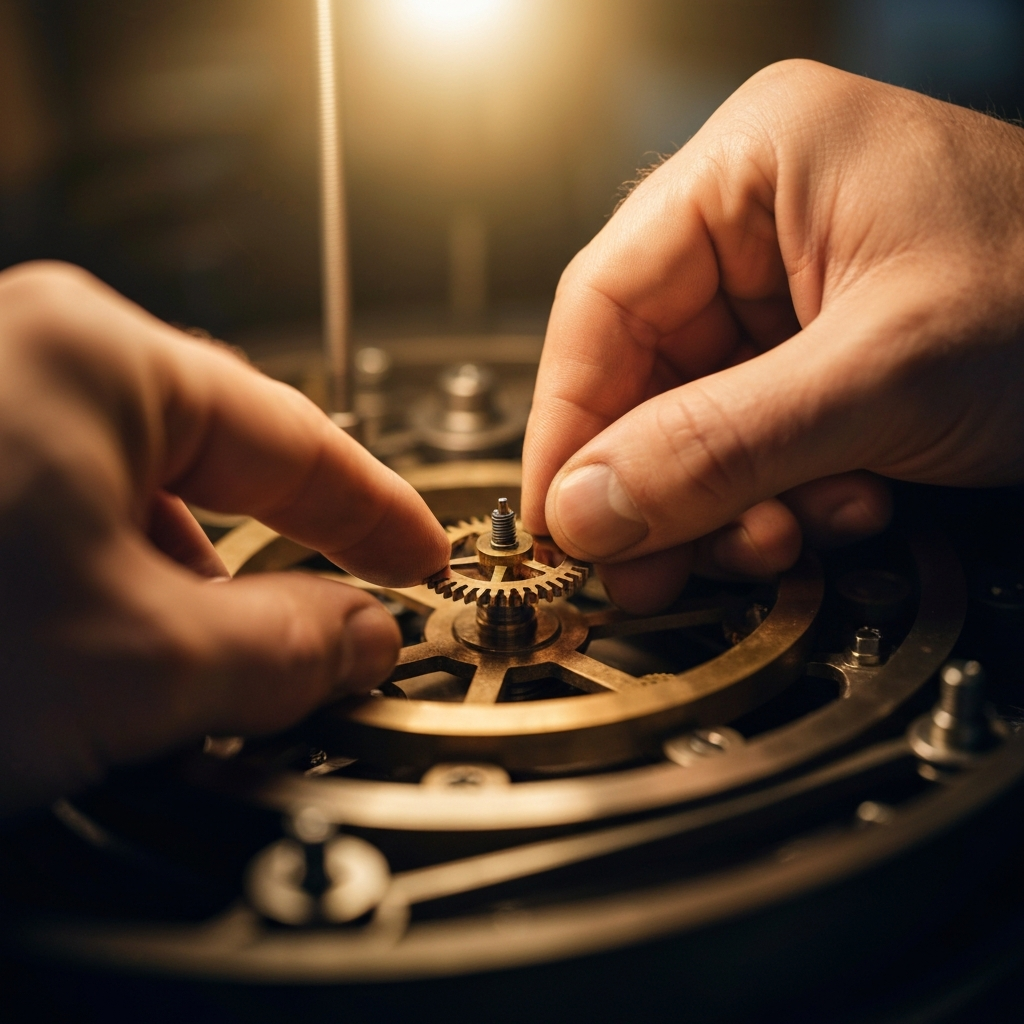 A close-up of a mechanic's hands delicately adjusting a single, small brass gear inside a massive, intricate clockwork mechanism. Warm ambient lighting, macro photography, shallow depth of field, representing precise micro-calibrations.