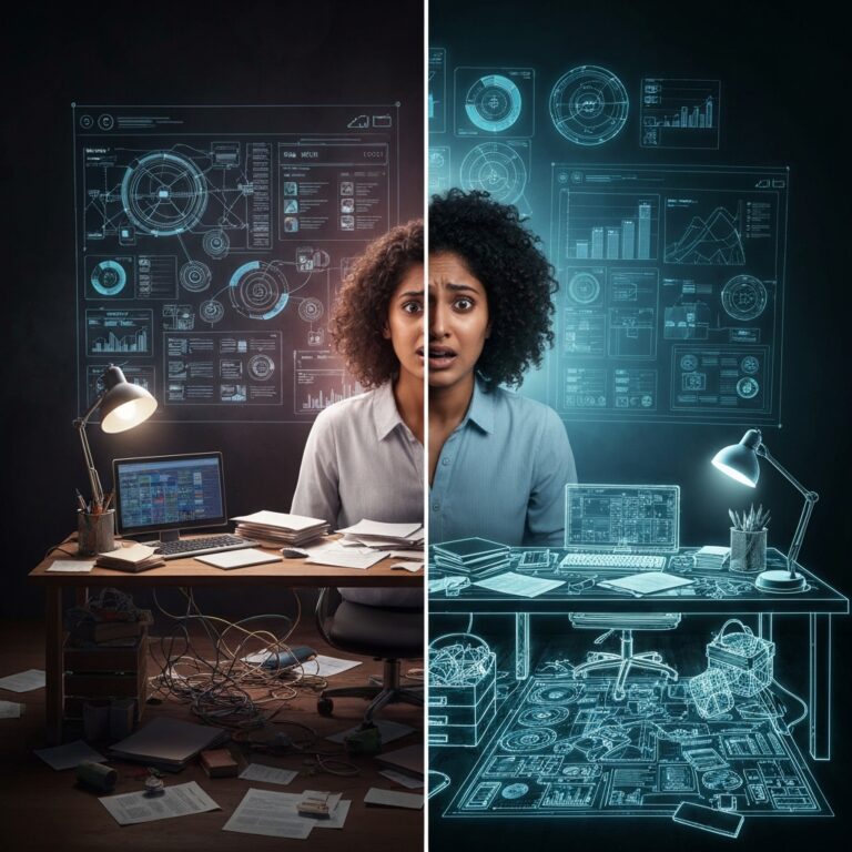 A chaotic desk scene transforming into a clean workspace, but visualized as a dramatic, overly complex glowing blueprint. A person looking overwhelmed at a massive, intricate dashboard of productivity charts. Cinematic lighting, hyper-detailed, conceptual digital art.