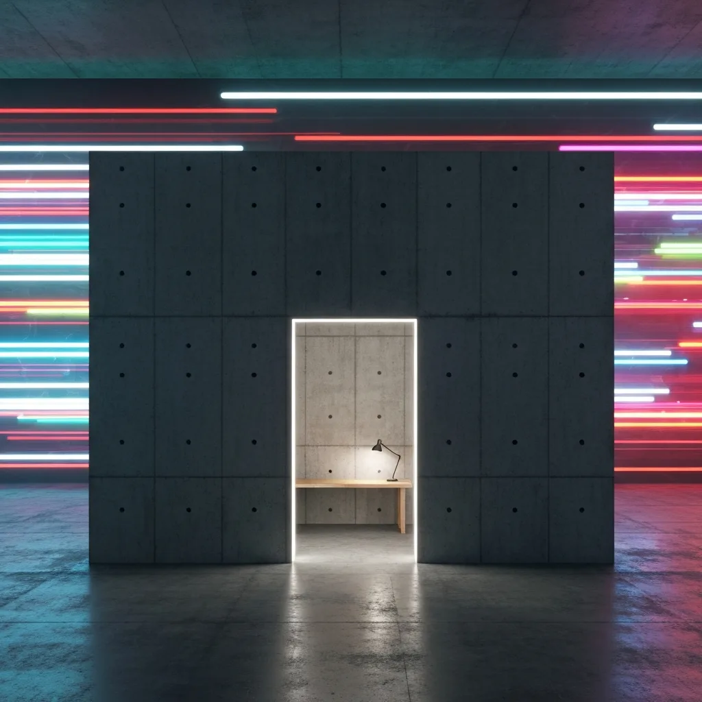 A minimalist architectural rendering of a heavy, brutalist concrete wall with a single, glowing doorway. The outside of the wall is chaotic with blurred, fast-moving neon lights, while the inside is a serene, dimly lit workspace with a wooden desk and a single lamp.