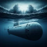 A cinematic, moody photograph of a vintage, heavy-metal submarine submerged in deep, calm blue water, while violent, chaotic storm waves crash on the surface far above. High contrast, volumetric lighting, symbolizing deep focus and isolation from surface chaos.