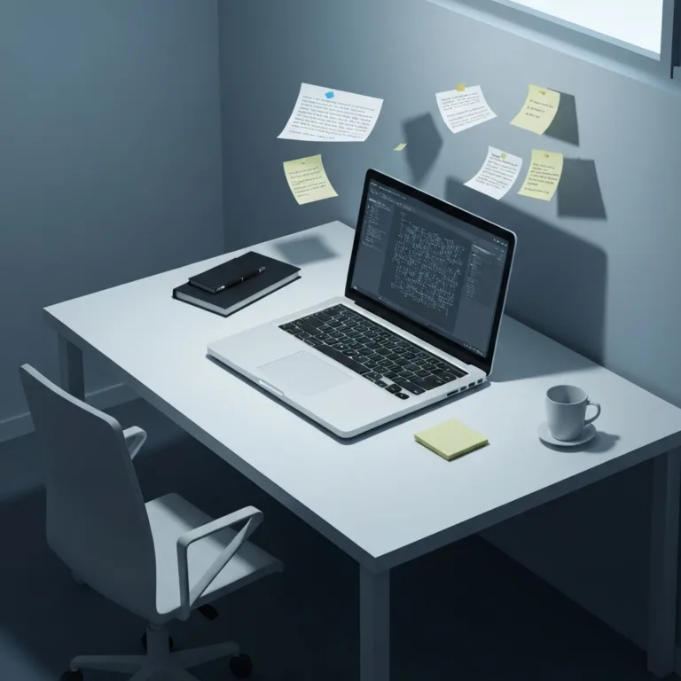 A conceptual, high-end editorial photograph of a minimalist office desk. The desk is perfectly clean with a closed laptop, but hovering in the air above it are dozens of semi-transparent, ghostly sticky notes and floating text fragments, symbolizing hidden mental burdens. Cinematic lighting, soft shadows, 8k resolution.