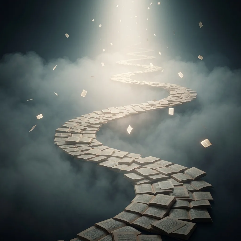 A surreal, atmospheric illustration of a winding path disappearing into a thick, glowing fog. The path is made of scattered book pages. Moody, thought-provoking, dark academia aesthetic, digital painting.