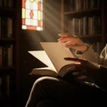 A close-up shot of a person's hands holding an open book with blank final pages, sitting in a dimly lit, cozy library. Dust motes float in a shaft of warm sunlight, highlighting the texture of the paper. Cinematic lighting, highly detailed, realistic.
