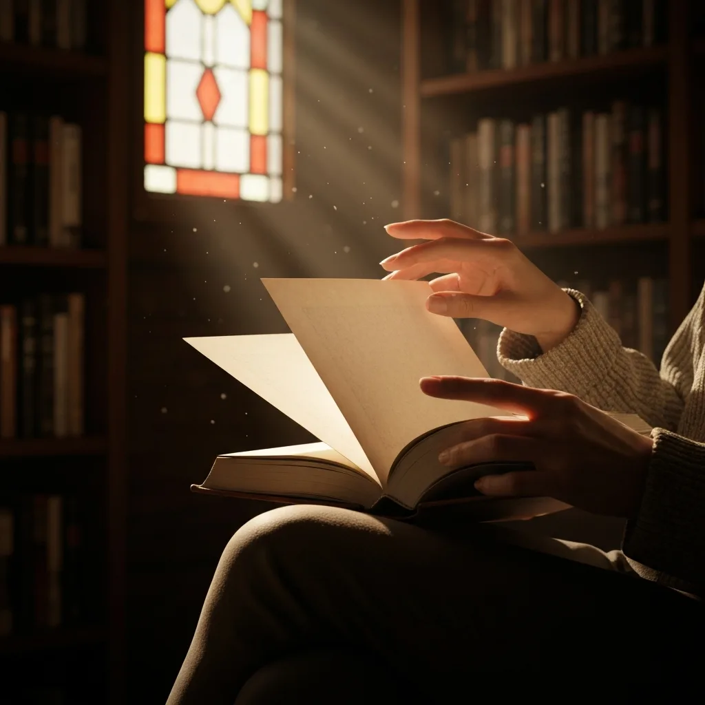 A close-up shot of a person's hands holding an open book with blank final pages, sitting in a dimly lit, cozy library. Dust motes float in a shaft of warm sunlight, highlighting the texture of the paper. Cinematic lighting, highly detailed, realistic.