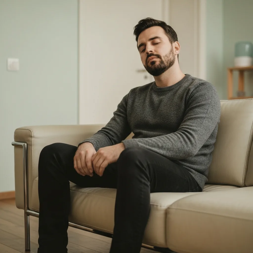 A person sitting heavily on a modern, comfortable sofa, looking completely exhausted and surrounded by passive comforts like a TV remote and snacks. Superimposed faintly over them is an energetic, glowing silhouette of the same person actively climbing a steep, rocky incline. Cinematic lighting, metaphorical representation of lethargy versus active drive.