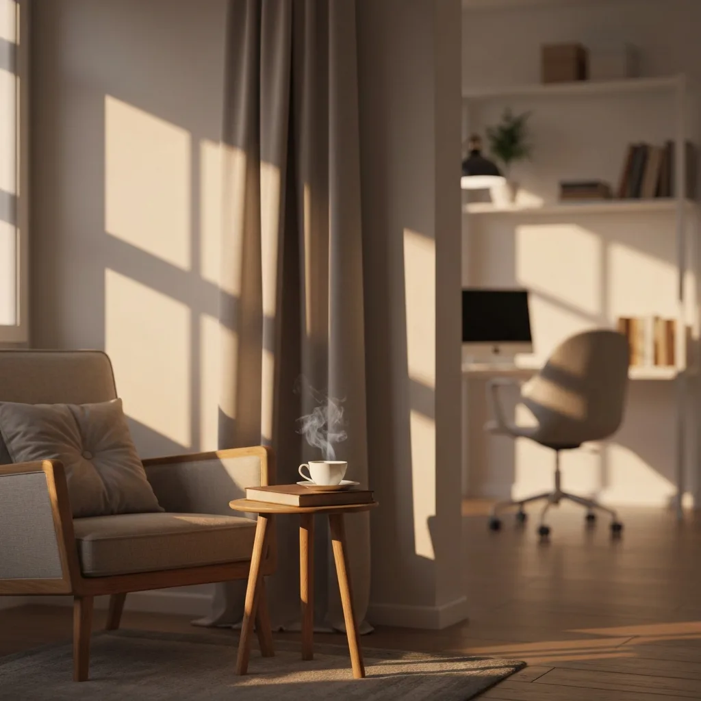 A cozy, well-defined reading nook bathed in warm, golden-hour sunlight, featuring a comfortable armchair, a small wooden side table with a steaming cup of tea, and a clear visual separation from a blurred, modern home office in the background, realistic photography, soft focus.