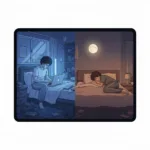 A split-screen illustration showing a person working on a laptop in bed on one side with a tense, chaotic, cool-toned aura, and the same person sleeping peacefully in a calm, warm, moonlit bedroom on the other, highlighting the concept of environmental boundaries, minimalist digital art style.